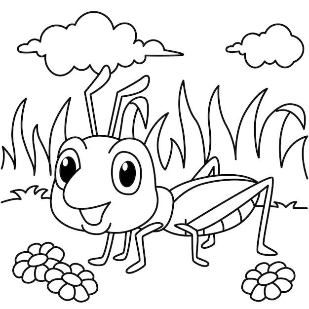 Vecteur illustration vectorielle de personnages de dessin animé drôle de sauterelle pour les enfants coloriages