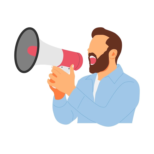 Illustration vectorielle d'une personne criant avec un mégaphone haut-parleur