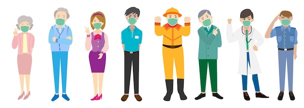 Illustration Vectorielle De Personnes De Différentes Professions Et âges Portant Des Masques Pour Se Protéger Contre La Pollution De L'air Par Le Virus Corona