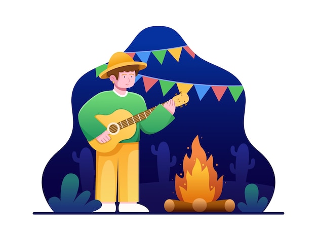 Illustration Vectorielle Personnes Jouant De La Guitare Près D'un Feu De Joie Pour Célébrer Festa Junina Le Soir