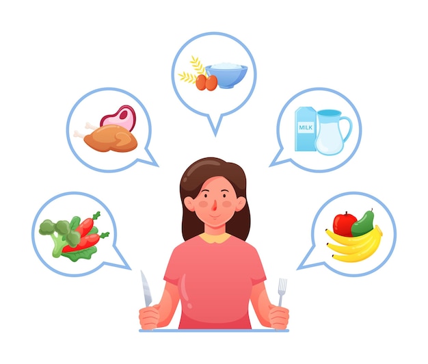 Vecteur illustration vectorielle de personnes avec une variété de choix alimentaires, fruits, lait, aliments glucidiques, viandes