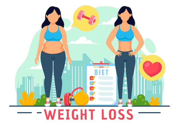 Illustration vectorielle de perte de poids du concept de transformation du corps féminin avec un régime alimentaire et un mode de vie sain