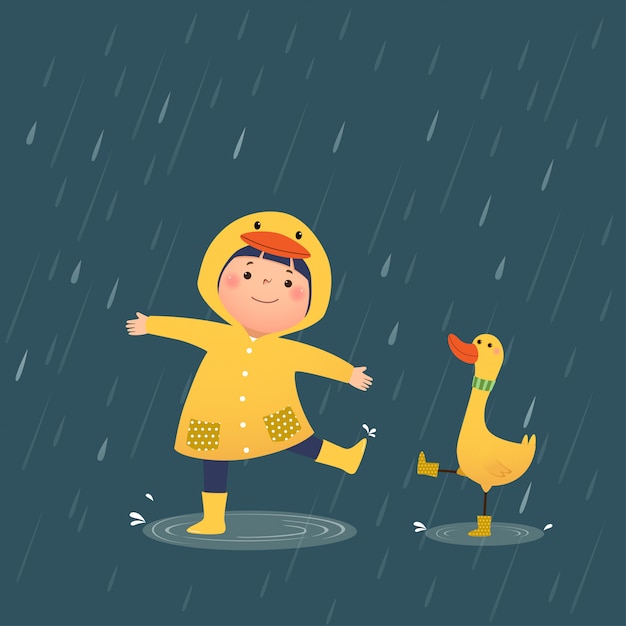 Illustration Vectorielle D'une Petite Fille Heureuse En Imperméable De Canard à Capuchon Jaune Et Bottes En Caoutchouc Jouant La Pluie Avec Le Canard Un Jour De Pluie