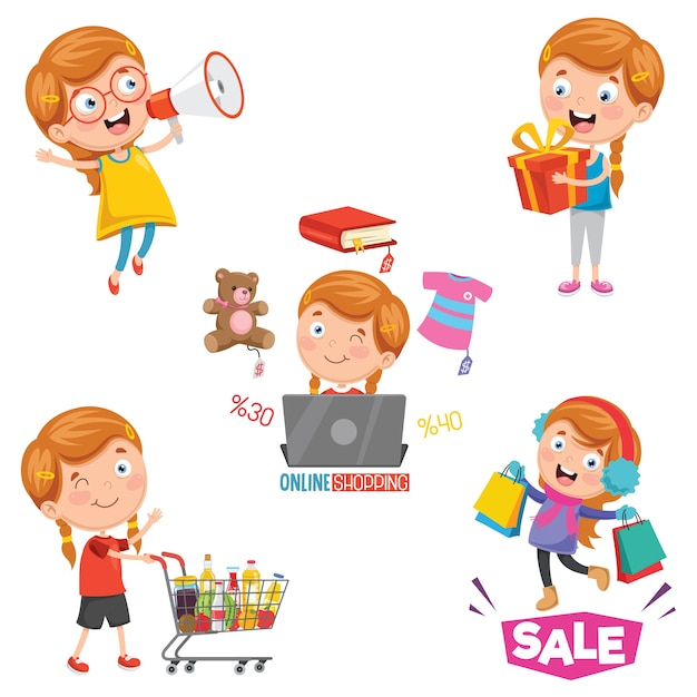 Illustration Vectorielle De La Petite Fille Shopping