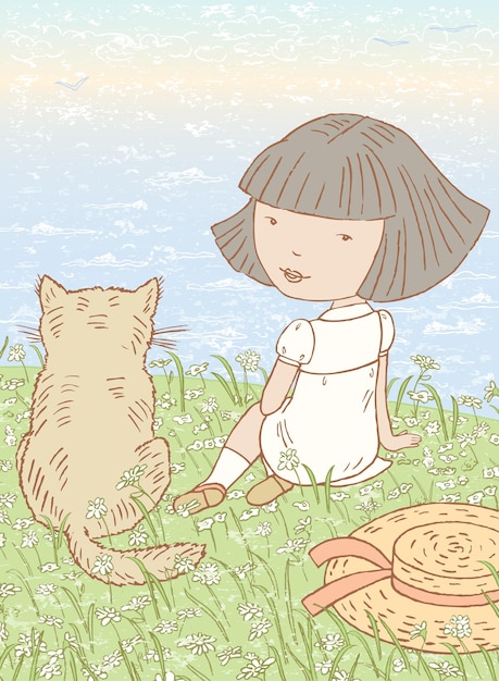 Illustration Vectorielle D'une Petite Fille Avec Son Chat Domestique Assis Sur Le Bord De La Mer Tôt Le Matin