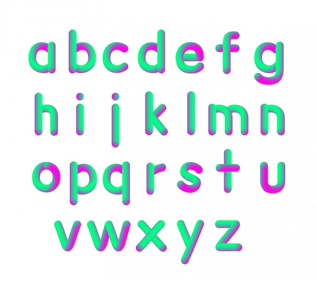 Illustration vectorielle de petites lettres de police 3D souple néon flexible. Alphabet isolé sur fond blanc Liquide mat Couleurs violettes et vertes.