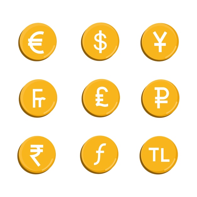 Illustration Vectorielle De Pièce D'or Scénographie Divers Symboles Monétaires De Différents Pays