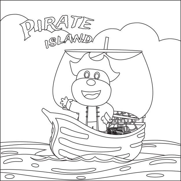 Vecteur illustration vectorielle de pirate animal sur un bateau en mer avec un livre ou une page de coloriage de style dessin animé