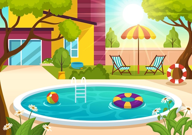 Vecteur illustration vectorielle de piscine avec concept de paysage de vacances d'été et activité estivale de natation