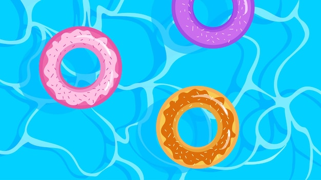 Illustration vectorielle d'une piscine avec de l'eau et des beignets à anneaux gonflables flottants