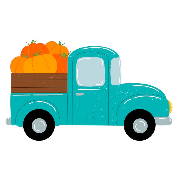 Illustration Vectorielle Plane D'une Camionnette De Voiture Verte Dessin Animé Mignon Avec Des Citrouilles Orange.