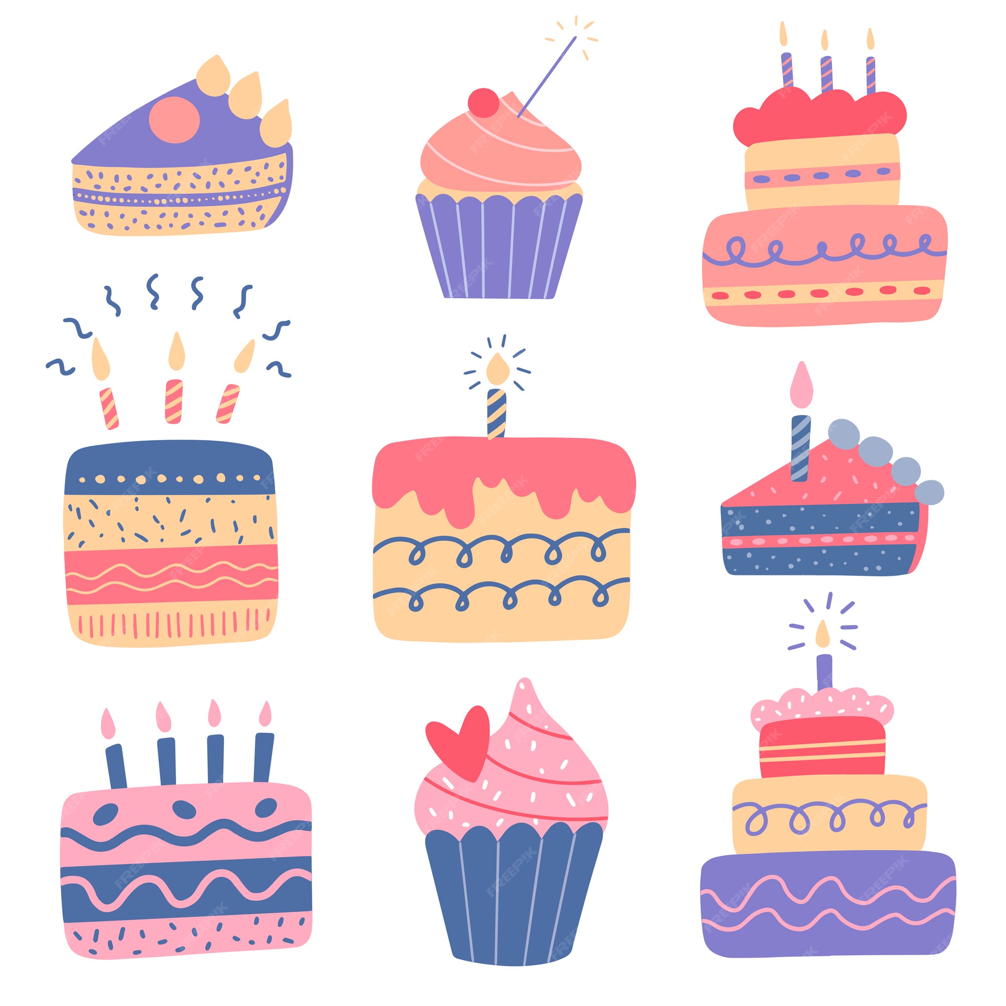 Dessin De Gateau D Anniversaire En Couleur Illustration Vectorielle Plane De Gâteaux D'anniversaire De Dessin Animé Mignon Et Cupcakes Avec Des Bougies Dans Le Style De Doodle De Couleur | Vecteur Premium