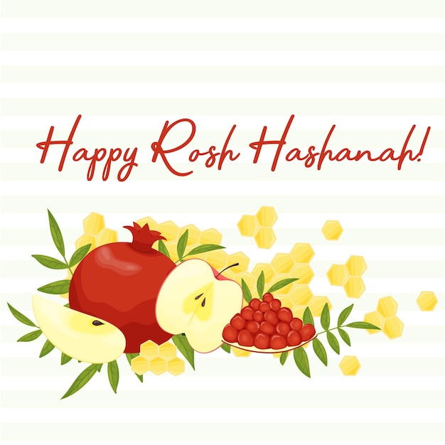 Illustration vectorielle plane Happy Rosh Hashanah Carte postale avec des fruits