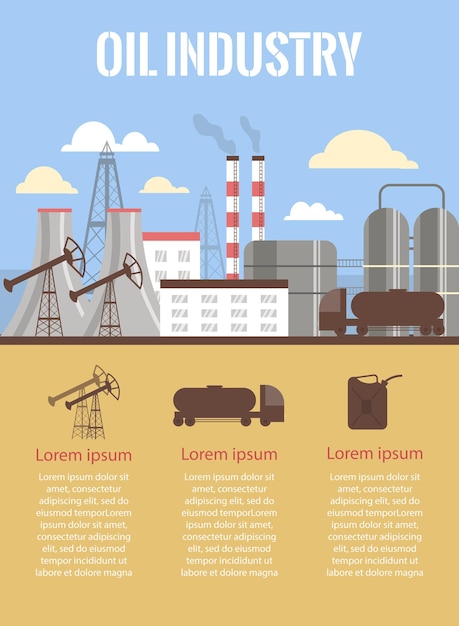 Illustration Vectorielle Plane De L'industrie Pétrolière Et De La Production De Carburant Ou De L'affiche