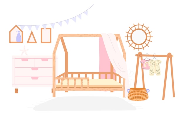 Illustration vectorielle plane de l'intérieur d'une chambre d'enfant dans un style scandinave confortable