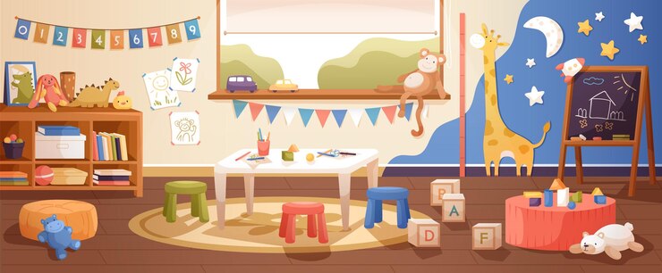 Vecteur illustration vectorielle plane intérieure de la salle de maternelle. salle de jeux confortable avec de jolies peintures d'enfants sur le mur, des meubles et des jouets. environnement d'école maternelle pour enseigner aux enfants et jouer à des jeux.