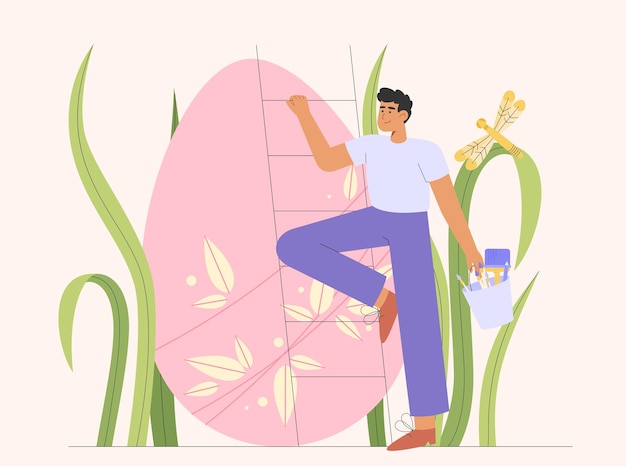 Vecteur illustration vectorielle plane avec un jeune homme créatif peint un oeuf de pâques