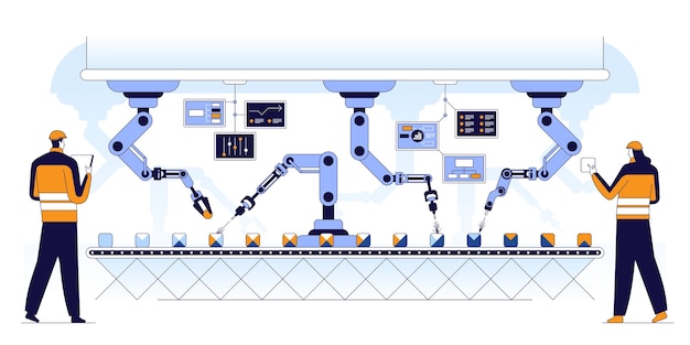 Illustration Vectorielle Plane De Ligne De Convoyeur Automatisé Industrie De La Révolution De La Production Moderne 40