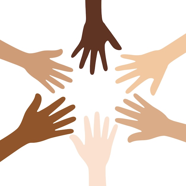 Vecteur illustration vectorielle plane de personnes avec différentes couleurs de peau mettant leurs mains ensemble