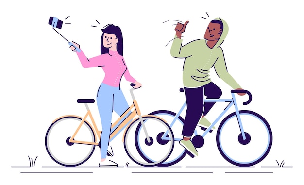 Illustration Vectorielle Plane De Selfie. Homme Et Femme à Bicyclette Prenant Une Photo De Bâton De Selfie Ensemble. Couple Faisant Un Autoportrait Dans Un Personnage De Dessin Animé Isolé D'entraînement Sportif Sur Fond Blanc