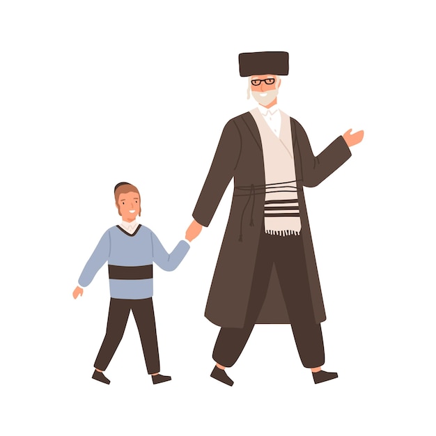 Illustration vectorielle à plat du grand-père et du petit-enfant de la famille juive positive. Heureux homme âgé et enfant marchant ensemble main dans la main isolés sur blanc. Grand-parent et petit-fils souriants et amicaux.