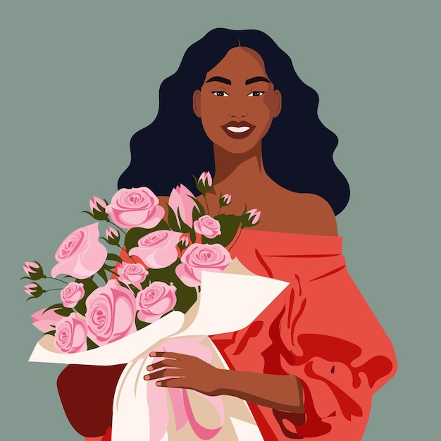 Illustration Vectorielle Plate D'une Belle Femme Africaine Avec Un Bouquet De Roses