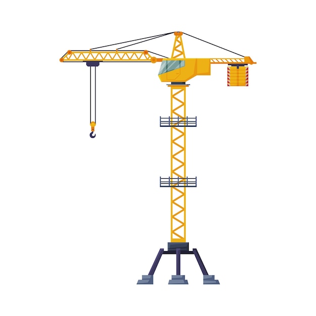 Vecteur illustration vectorielle plate de l'équipement de construction d'élévation lourde de la grue industrielle jaune