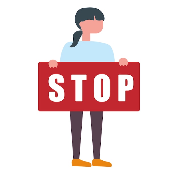 Vecteur illustration vectorielle plate d'une fille et d'une femme tenant une bannière rectangulaire rouge avec le message stop