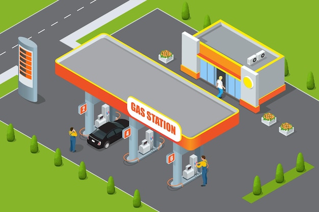 Illustration vectorielle plate isométrique 3d de la station-service. Notion de station-service. Pompe à essence, voiture, magasin, station-service, essence. Remplissage du service d'achat de nettoyage