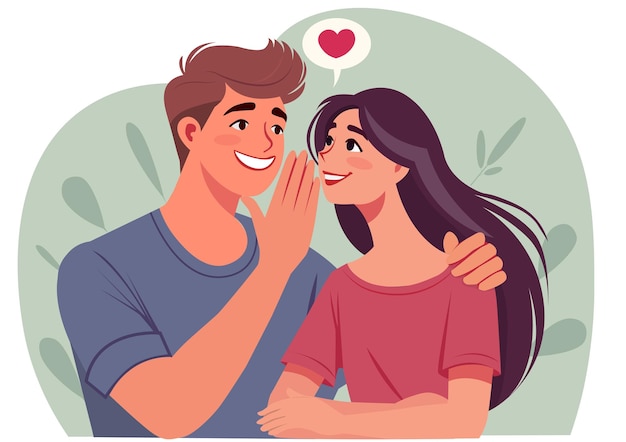Illustration vectorielle plate Un jeune homme murmure qu'il aime sa petite amie