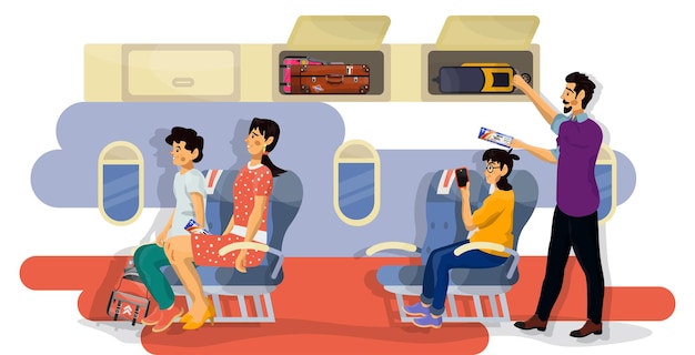 Illustration Vectorielle Plate Des Passagers Dans Une Cabine D'avion Pendant Le Vol