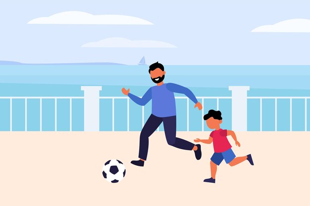 Illustration Vectorielle Plate D'un Père Et De Son Fils Jouant Au Football Sur Le Port Avec Le Fond De La Mer