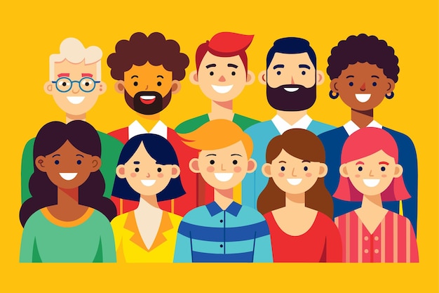 Illustration vectorielle plate de personnes de différentes couleurs devant si fond jaune et orange