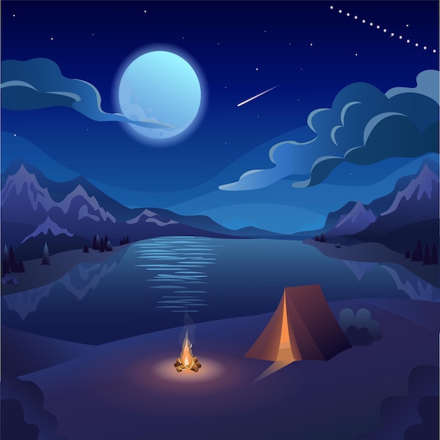 illustration vectorielle plate de repos nocturne camping ciel nocturne lune clair de lune sur le lac de montagne de l'eau