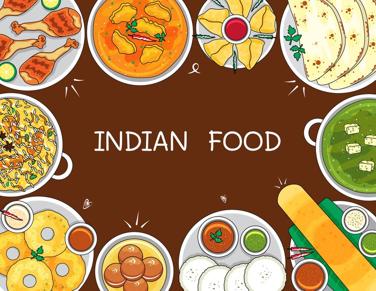 Illustration vectorielle plats indiens isolés sur la vue de dessus de table style doodle de dessin animé