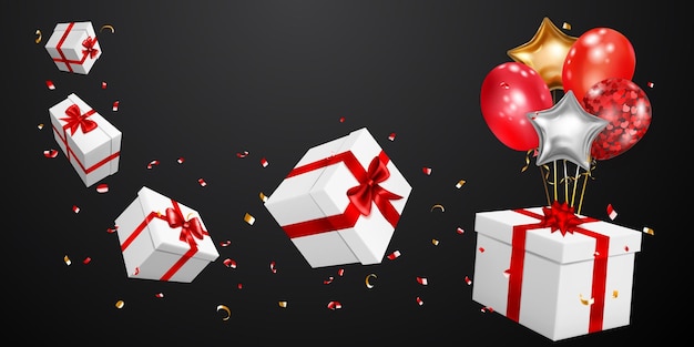 Vecteur illustration vectorielle avec plusieurs coffrets cadeaux blancs avec des rubans rouges et des arcs ballons dorés et argentés et de petits morceaux flous de serpentines sur fond noir