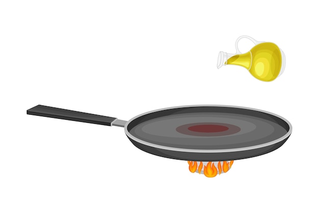Vecteur illustration vectorielle de la poêle à frire sur le brûleur avec de l'huile de chauffage pour la cuisson des crêpes