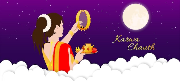 Illustration vectorielle pour Karwa Chauth un festival indien le jour où les épouses jeûnent tout au long de la journée