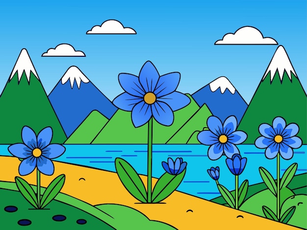 Vecteur illustration vectorielle de la prairie de printemps avec des fleurs bleues dans le champ