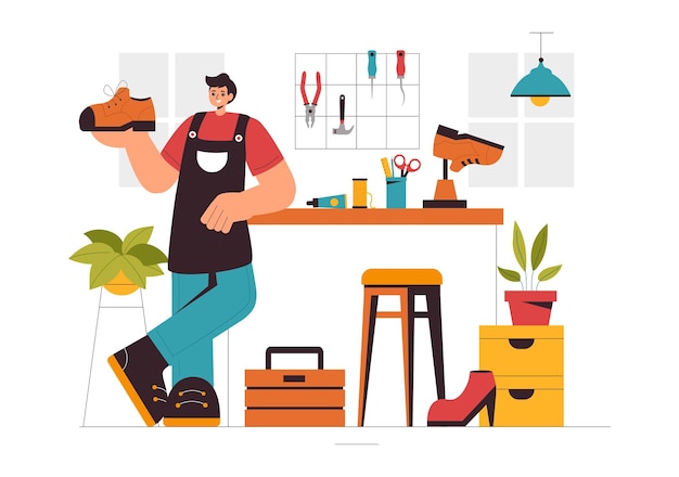 Illustration vectorielle de la profession de cordonnier mettant en vedette le processus de réparation de chaussures, de fabrication et de conception des chaussures dans un fond de dessin animé de style plat