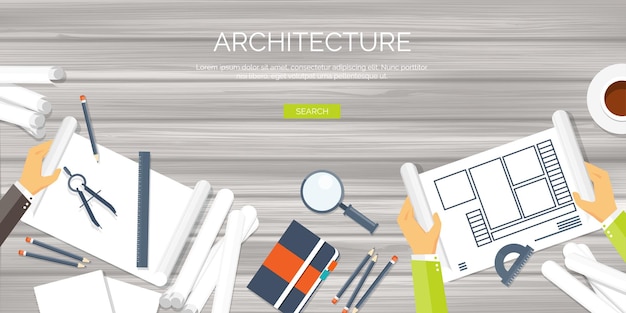 Vecteur illustration vectorielle projet architectural plat travail d'équipe construction et planification construction crayon