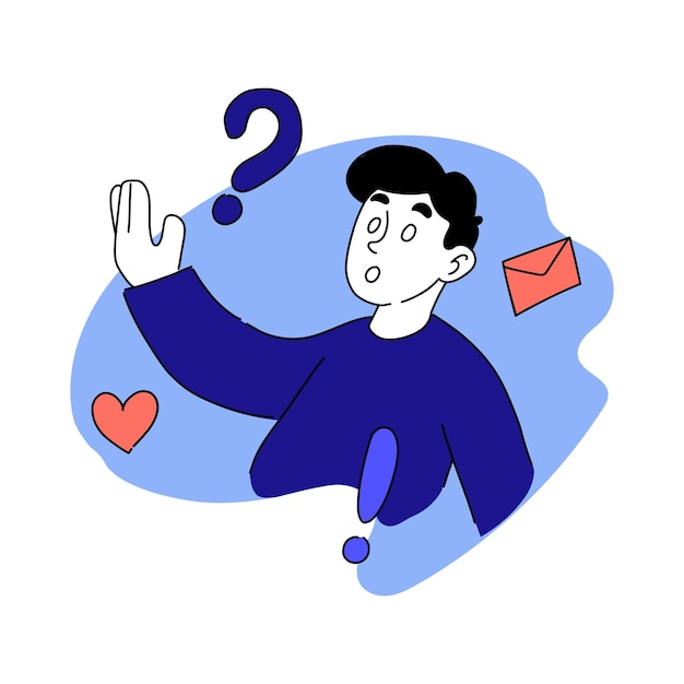 Illustration vectorielle de question et réponse Homme lettre questions fréquemment posées enveloppe e-mail coeur FAQ service d'assistance téléphonique chat Concept de communication Couleurs pastel bleu et rose