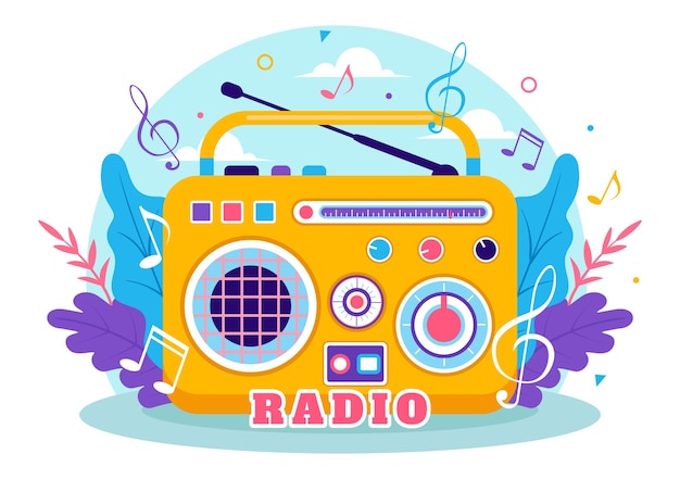 Vecteur illustration vectorielle radio avec un instrument de musique utilisé pour envoyer des signaux et écouter de la musique