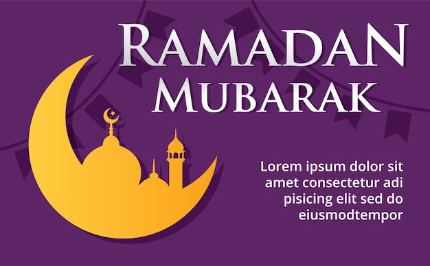 Illustration vectorielle de Ramadan Mubarak. Lune, drapeau et fond de mosquée