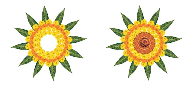 Illustration vectorielle de rangoli de fleurs à l'aide de fleurs de souci ou de zendu ou de genda et de feuilles de mangue