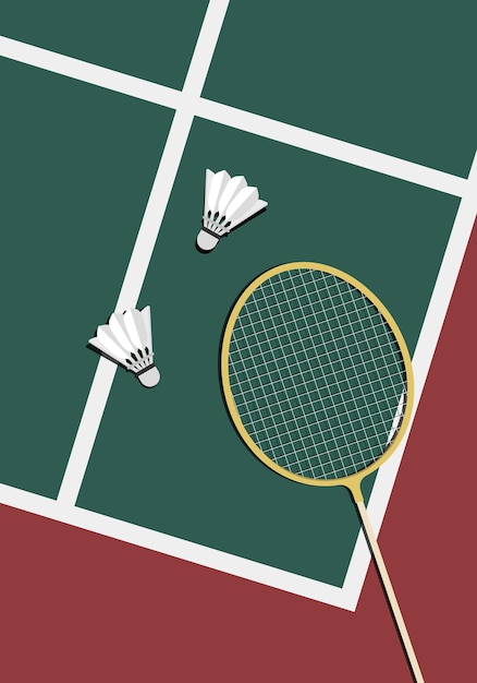 Illustration vectorielle de la raquette jaune de badminton et des navettes sur la ligne blanche