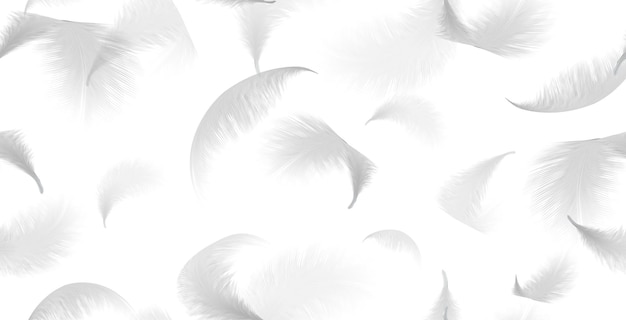 Vecteur illustration vectorielle réaliste plumes moelleuses volantes blanches motif sans couture sur fond blanc