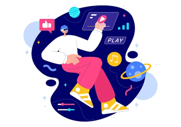 Illustration vectorielle de réalité virtuelle numérique Metaverse d'une personne portant des lunettes VR explorant l'innovation et la communication futures en arrière-plan