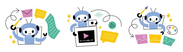 Illustration vectorielle d'un robot AI mignon assistant créatif tâches chatbot écrire des messages faire ou