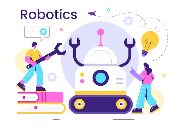 Illustration vectorielle de la robotique des robots d'intelligence artificielle communiquant avec la technologie et l'ingénierie dotés d'une ampoule et d'engrenages